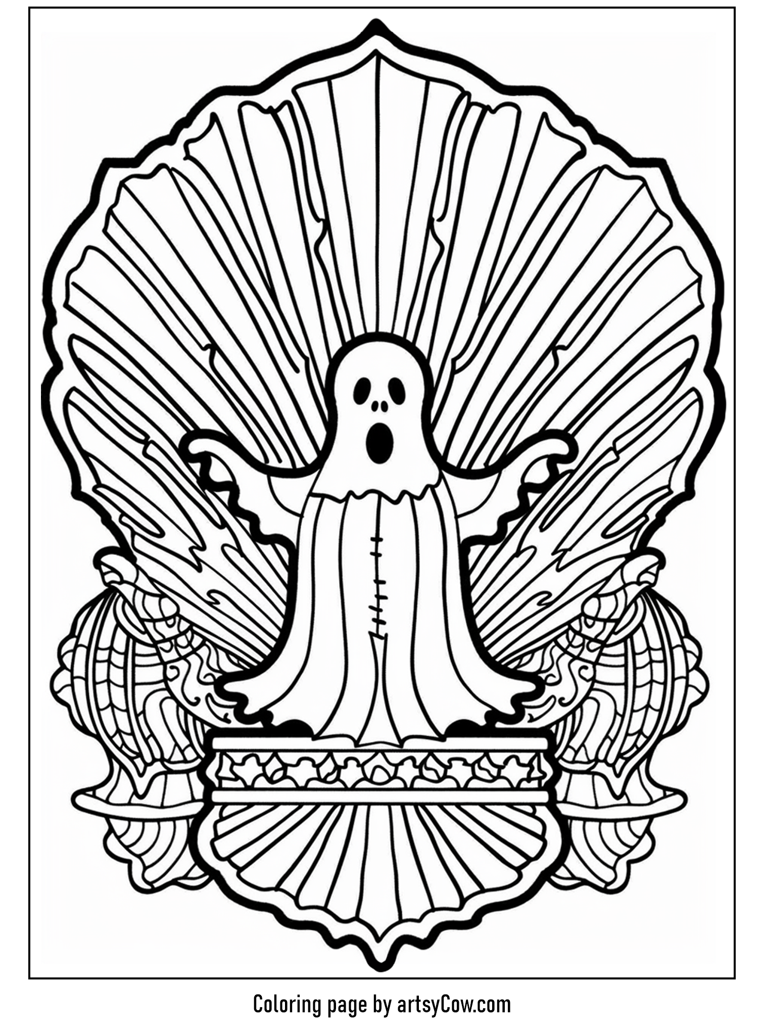 halloween ghost mandala featuring a solitary ghost surrounded by intricate, shell-like designs which give it a captivating and slightly mysterious air.